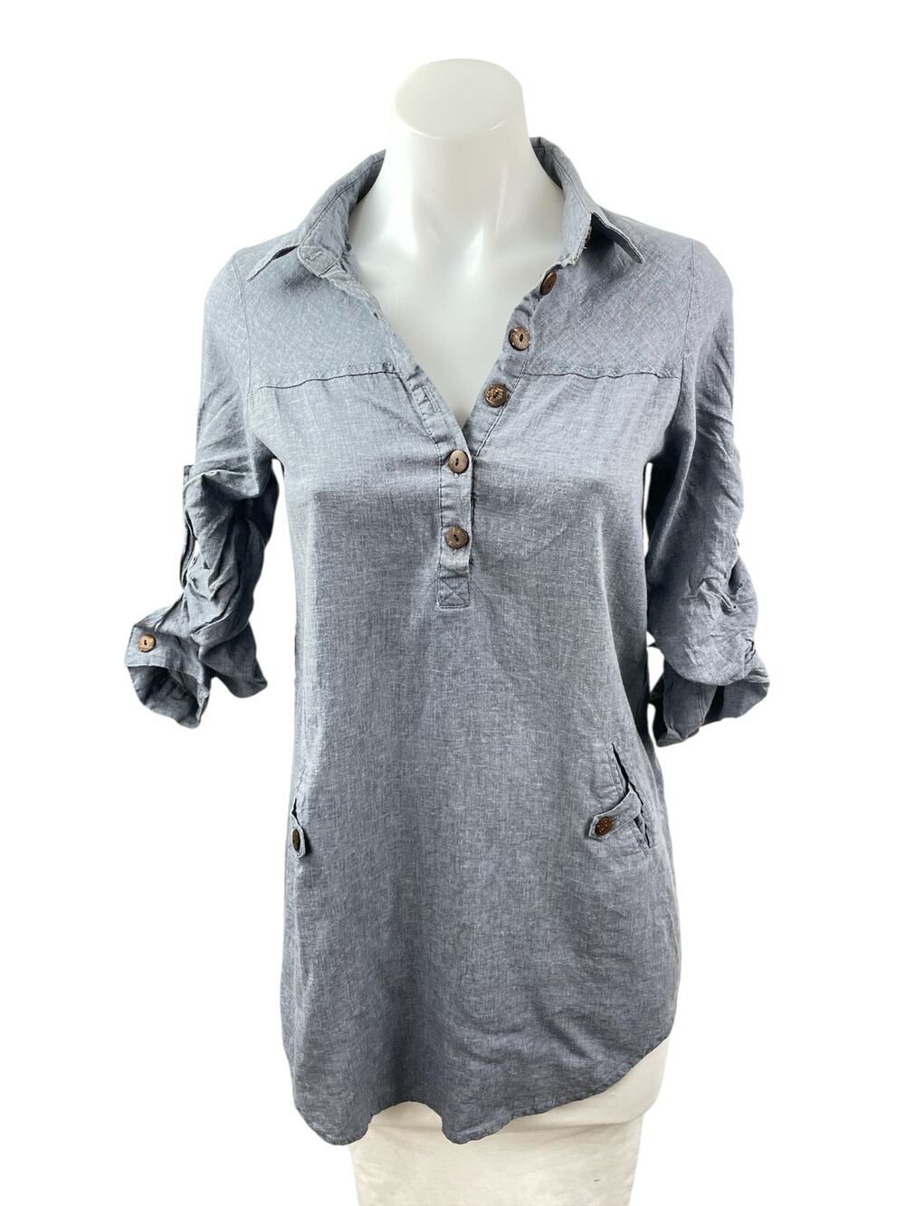 Poetry Women's Gray Linen Half Sleeve Button Front Collared Henley Shirt Top M